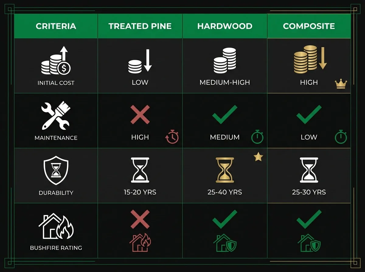 Melbourne decking materials comparison chart showing timber versus composite options for cost and maintenance