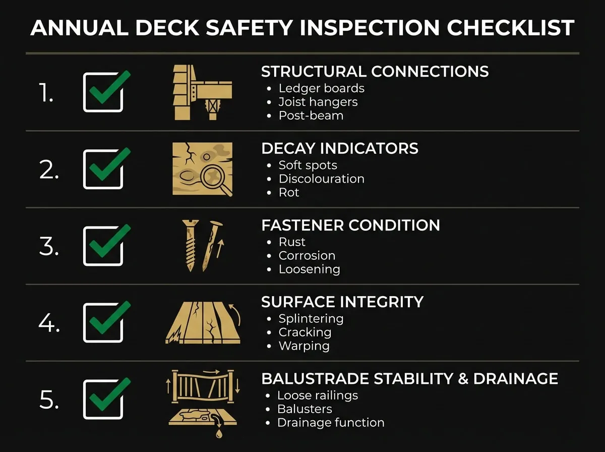 Victorian deck safety inspection checklist showing critical structural and maintenance checkpoints