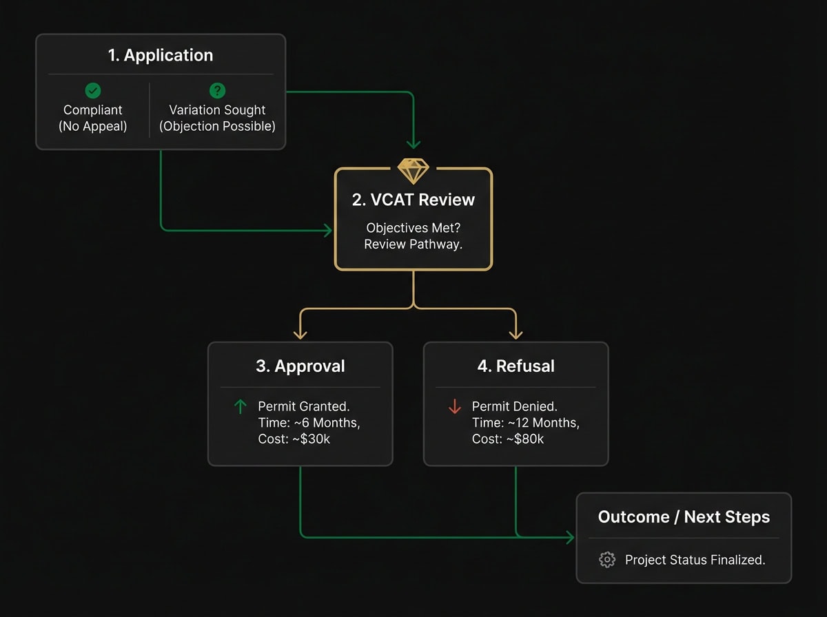 VCAT planning appeal flowchart showing decision pathways for Melbourne townhouse developments with ResCode variations