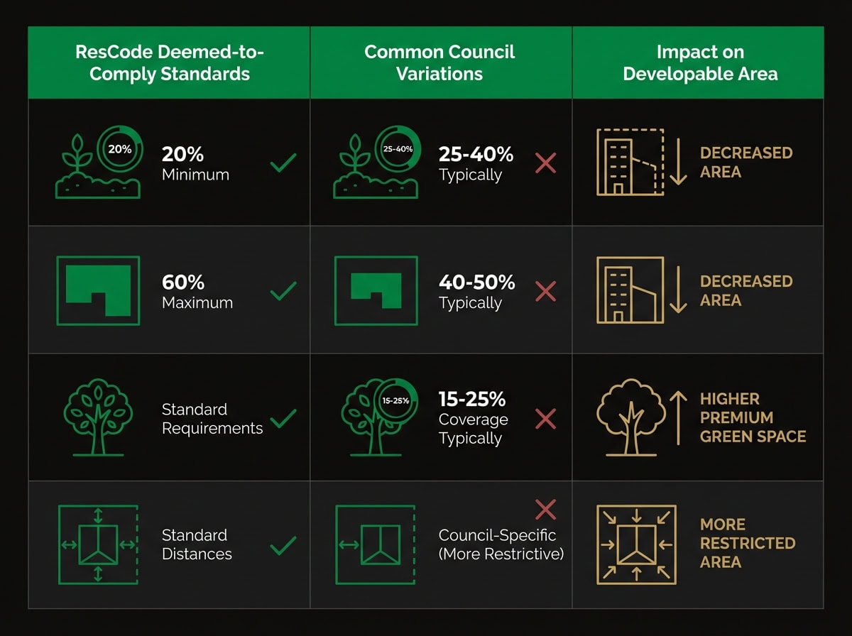 ResCode standards comparison chart showing deemed-to-comply requirements versus Melbourne council variations for townhouse developments