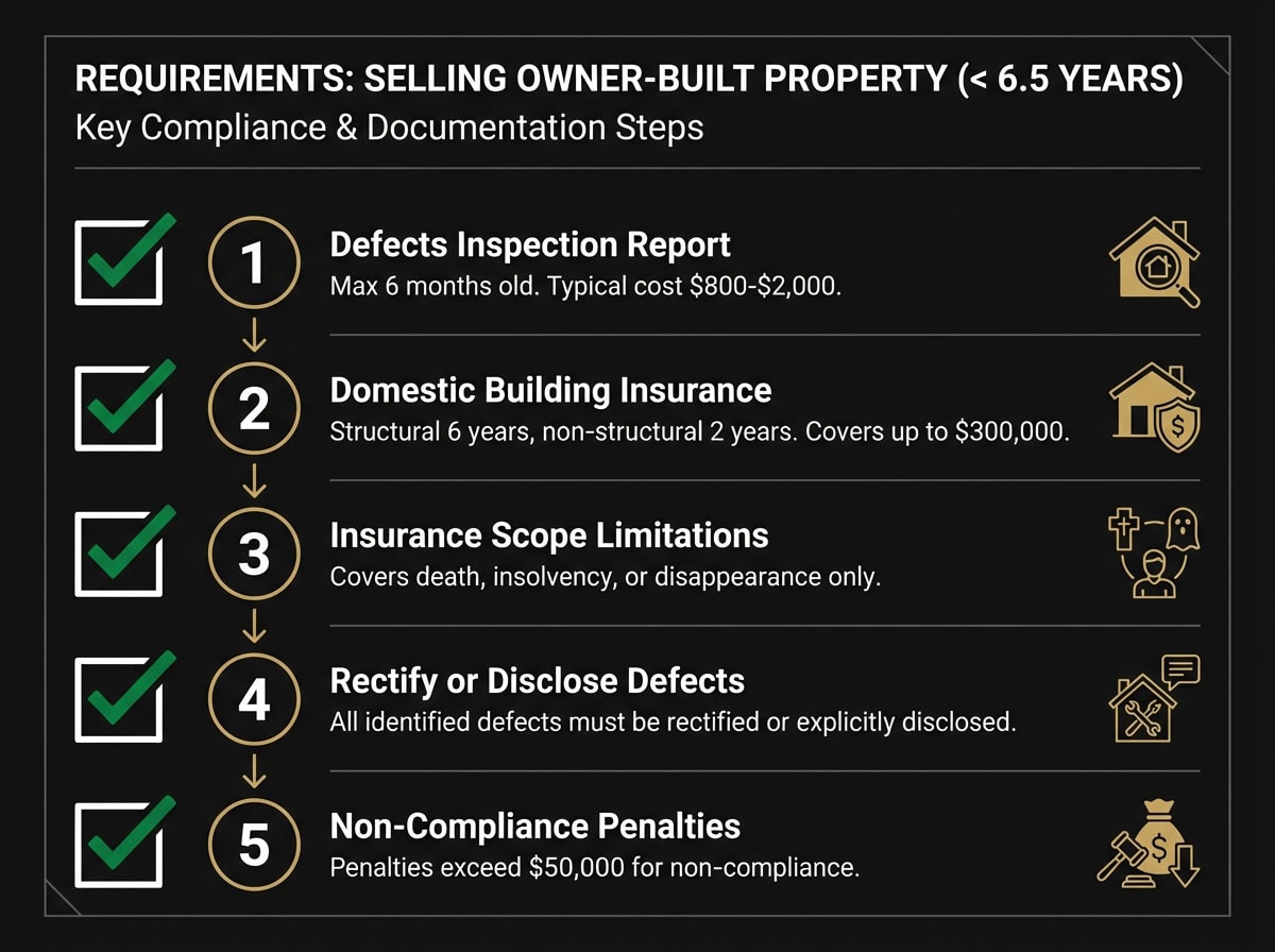Owner builder property sale requirements checklist for Victoria showing mandatory defects report and insurance obligations