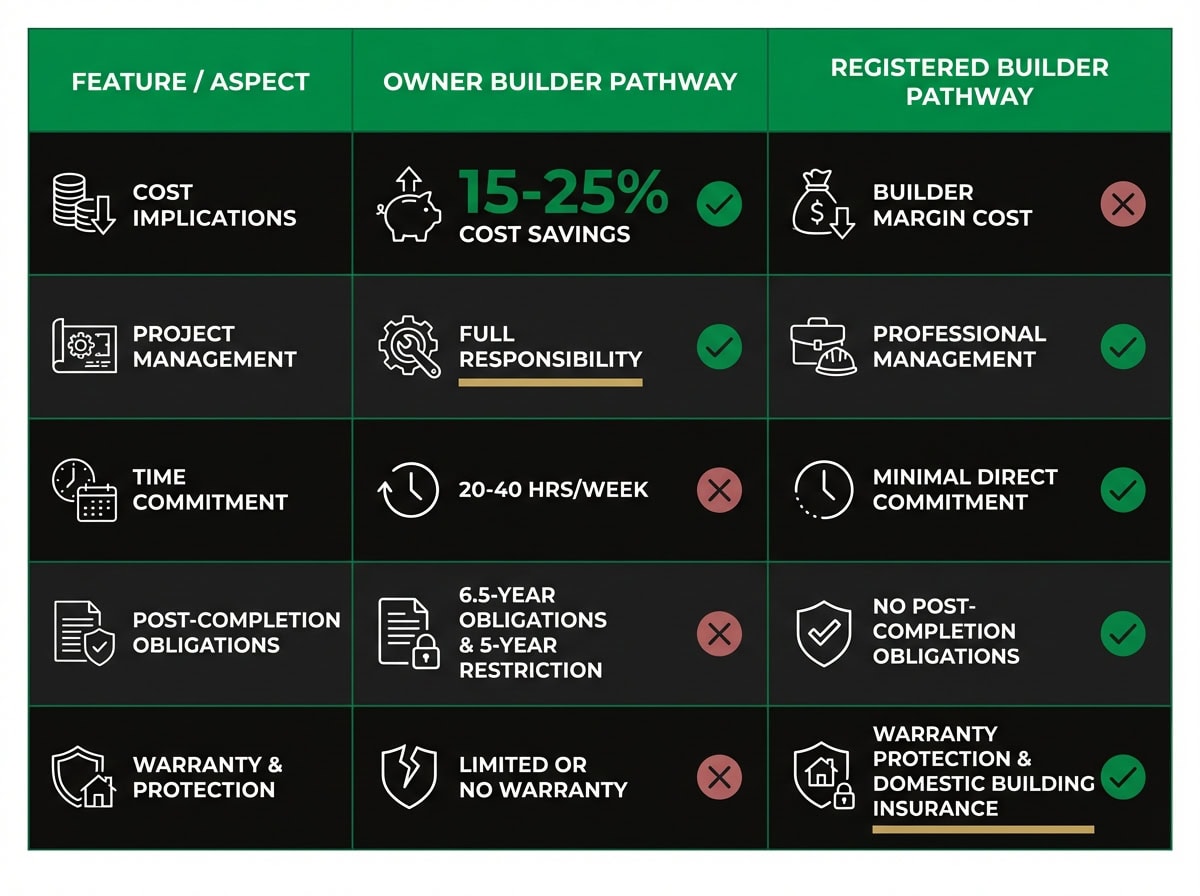 Comparison chart showing owner builder versus registered building practitioner options for Victorian property developers
