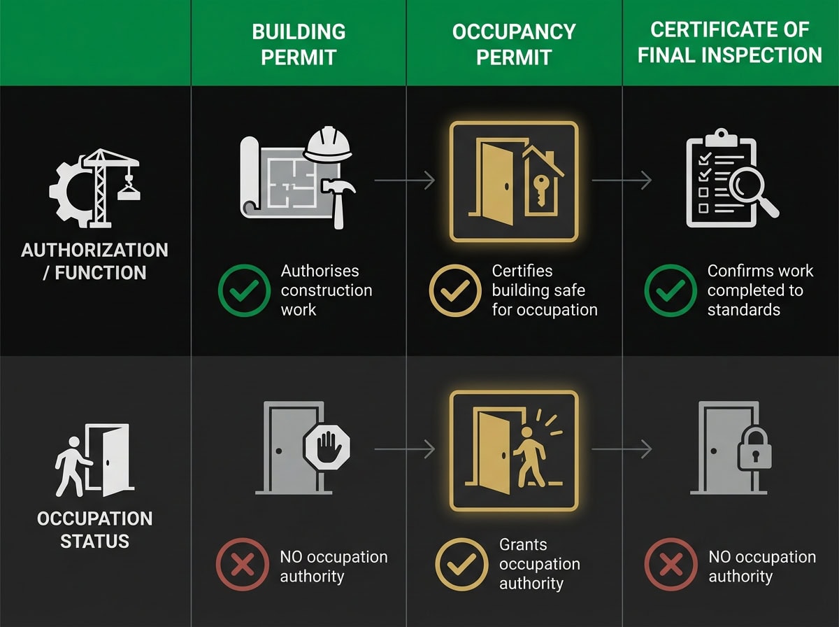 Comparison chart of building permit types showing differences between construction authorization and occupancy certification in Victoria