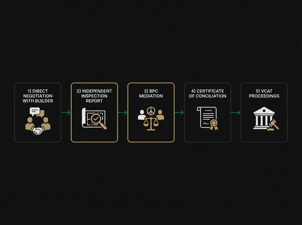 Building defects dispute resolution flowchart showing steps from negotiation through BPC mediation to VCAT in Victoria