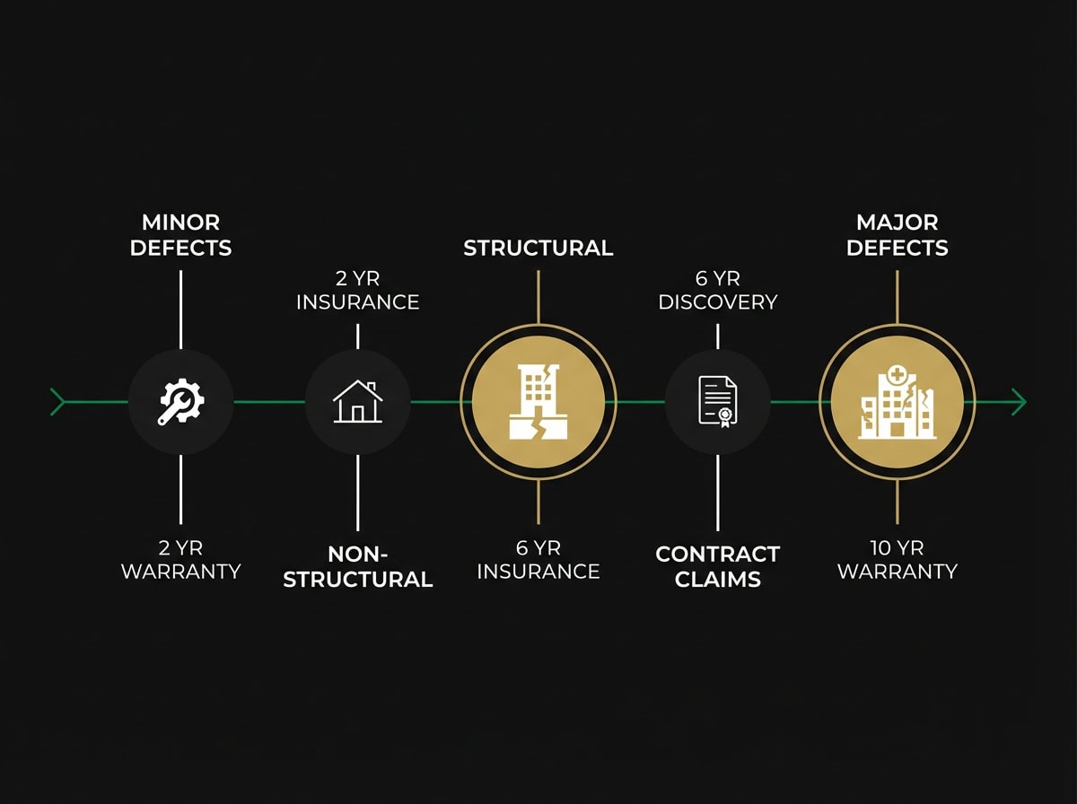 Building defects limitation periods timeline showing claim timeframes from 2 to 10 years in Victoria