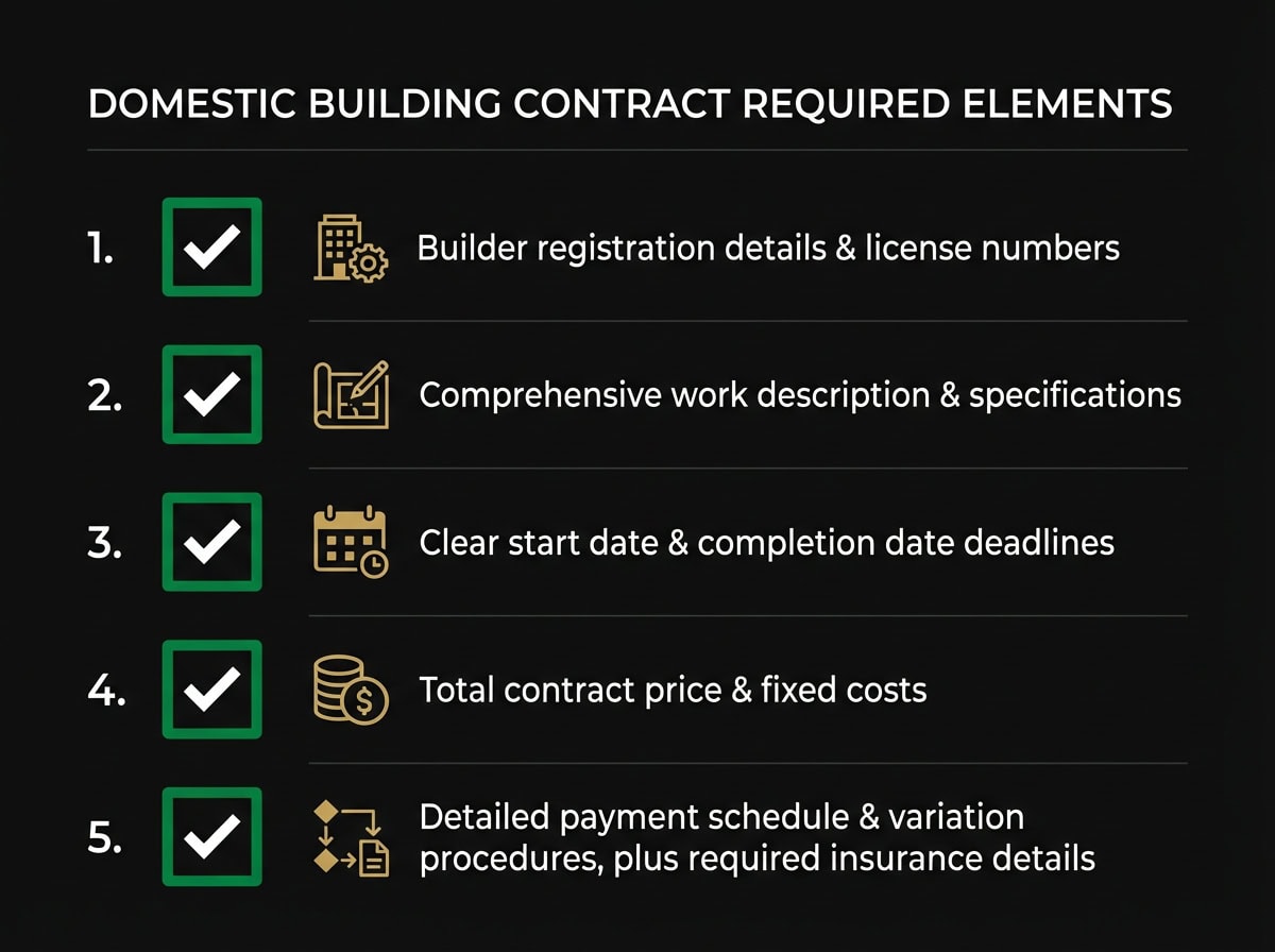 Domestic building contract requirements checklist for Victoria showing mandatory elements