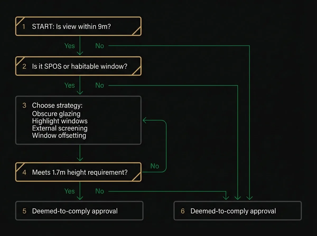 Overlooking regulations compliance flowchart showing decision pathway for Melbourne residential developments under ResCode Standard B22