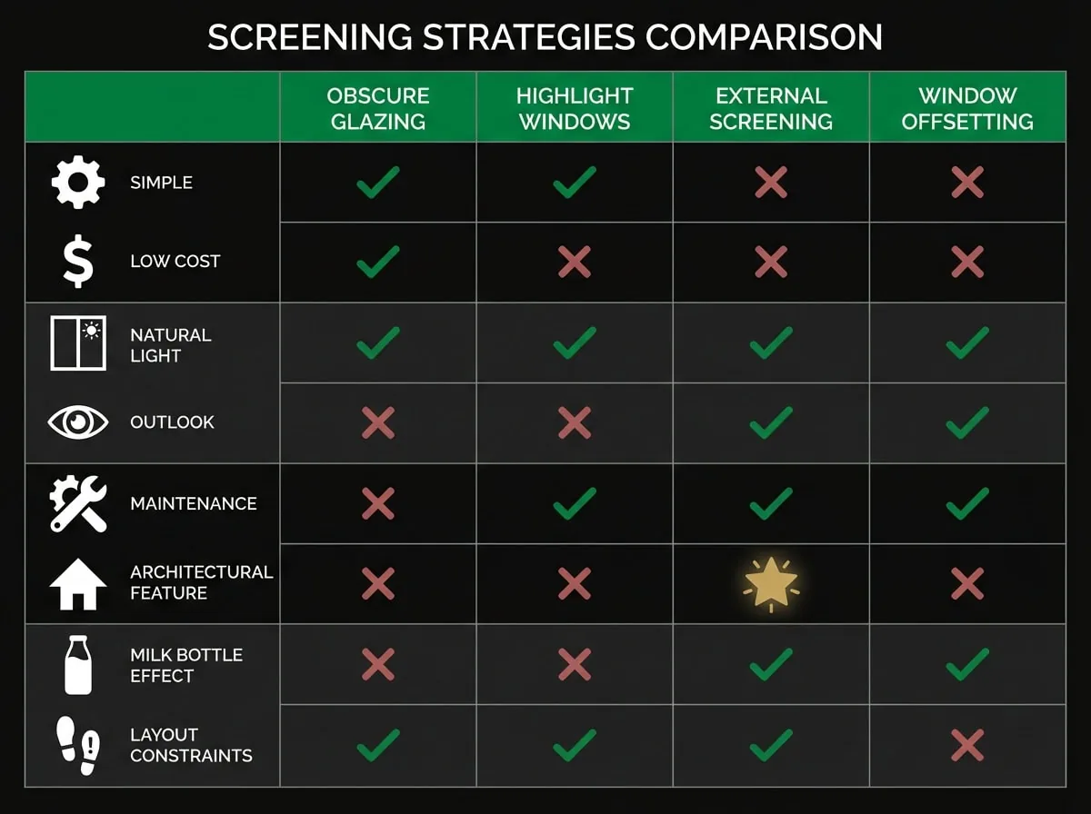 Comparison chart of four overlooking mitigation strategies showing pros, cons, and typical costs for Melbourne townhouse developments