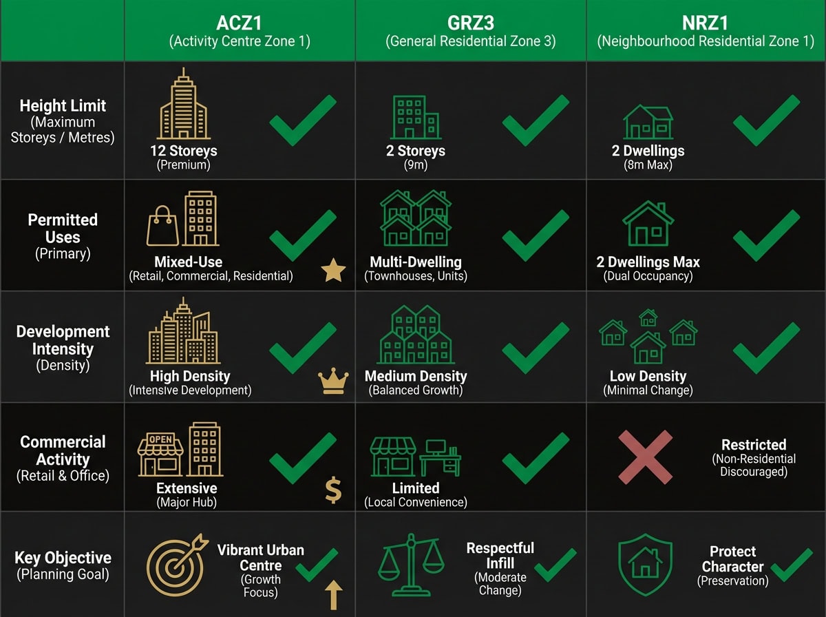 Doncaster planning zones comparison chart showing ACZ1, GRZ3, and NRZ1 height limits and permitted development types