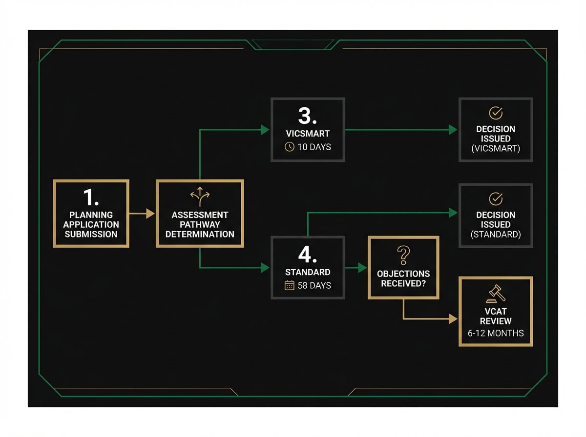 Manningham planning permit application flowchart showing VicSmart, standard, and objection pathways with timeframes