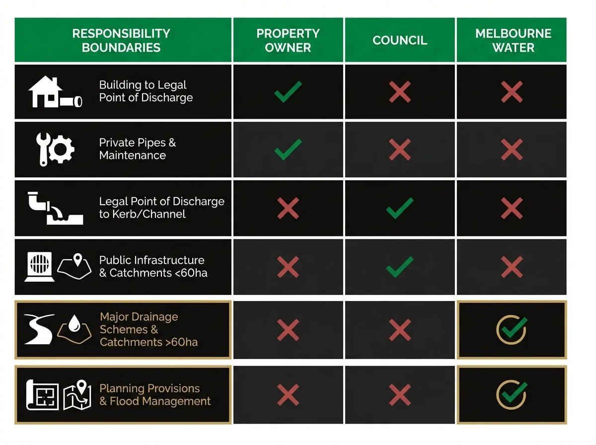 Stormwater responsibility comparison chart showing property owner, council and Melbourne Water obligations in Victoria