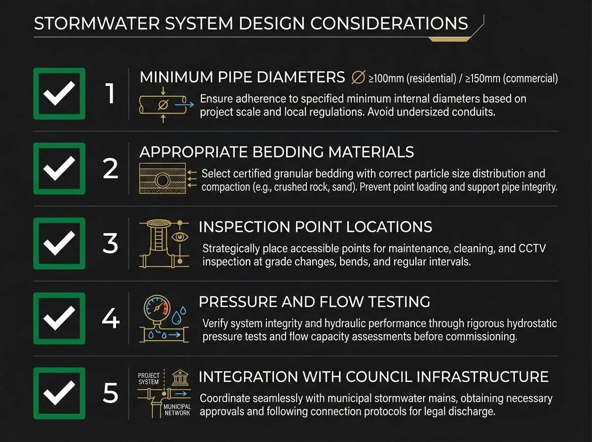 Stormwater drainage design checklist showing AS/NZS 3500.3 compliance requirements for Victorian developments