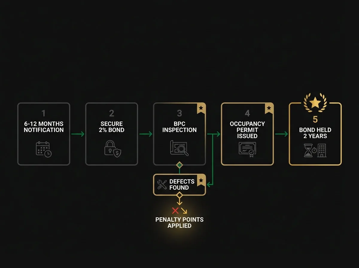 Developer bond process flowchart showing notification requirements and timeline for Victorian apartment buildings exceeding three storeys