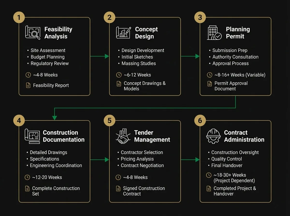 Architect service stages flowchart for Melbourne property development projects showing six phases from feasibility to completion