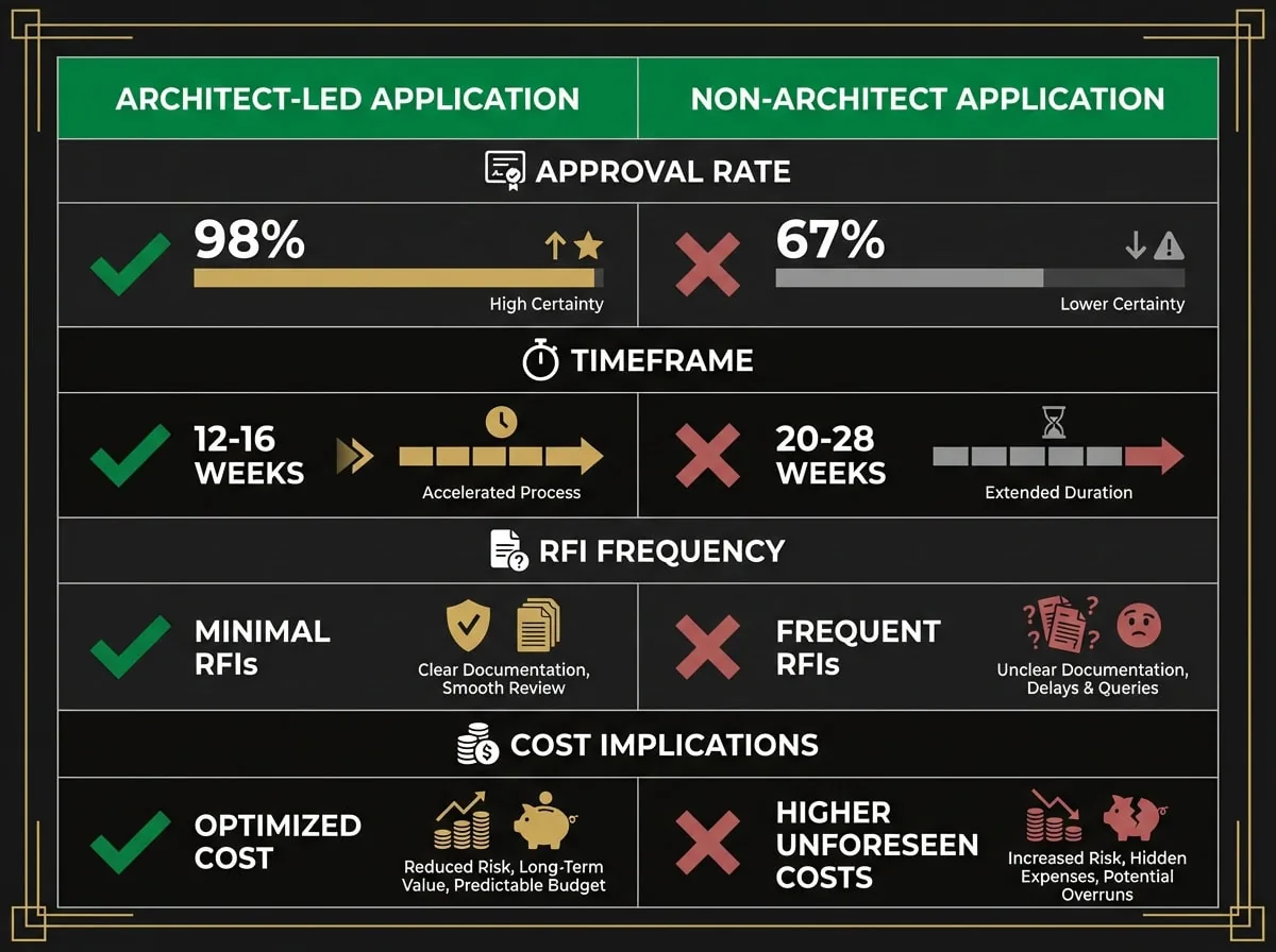 Planning permit approval rate comparison chart showing architect-led versus non-architect applications in Victoria