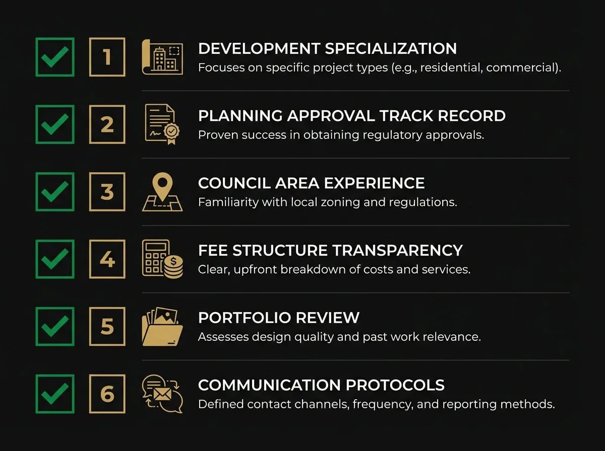 Architect selection checklist for property developers showing six key evaluation criteria