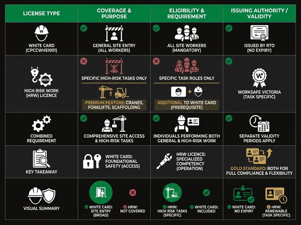 White Card vs High Risk Work licence comparison chart for Victorian construction workers and developers