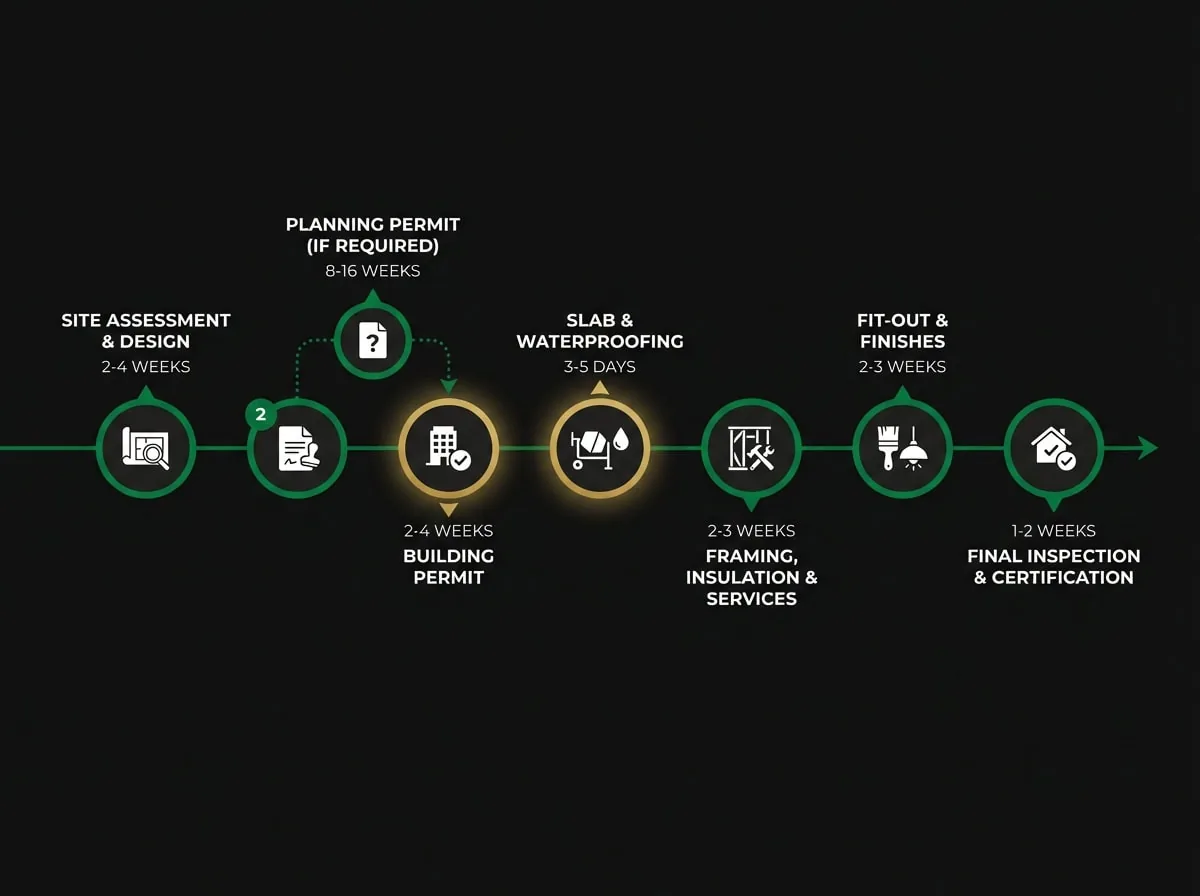 Garage conversion project timeline diagram showing phases from design to occupancy certification Melbourne