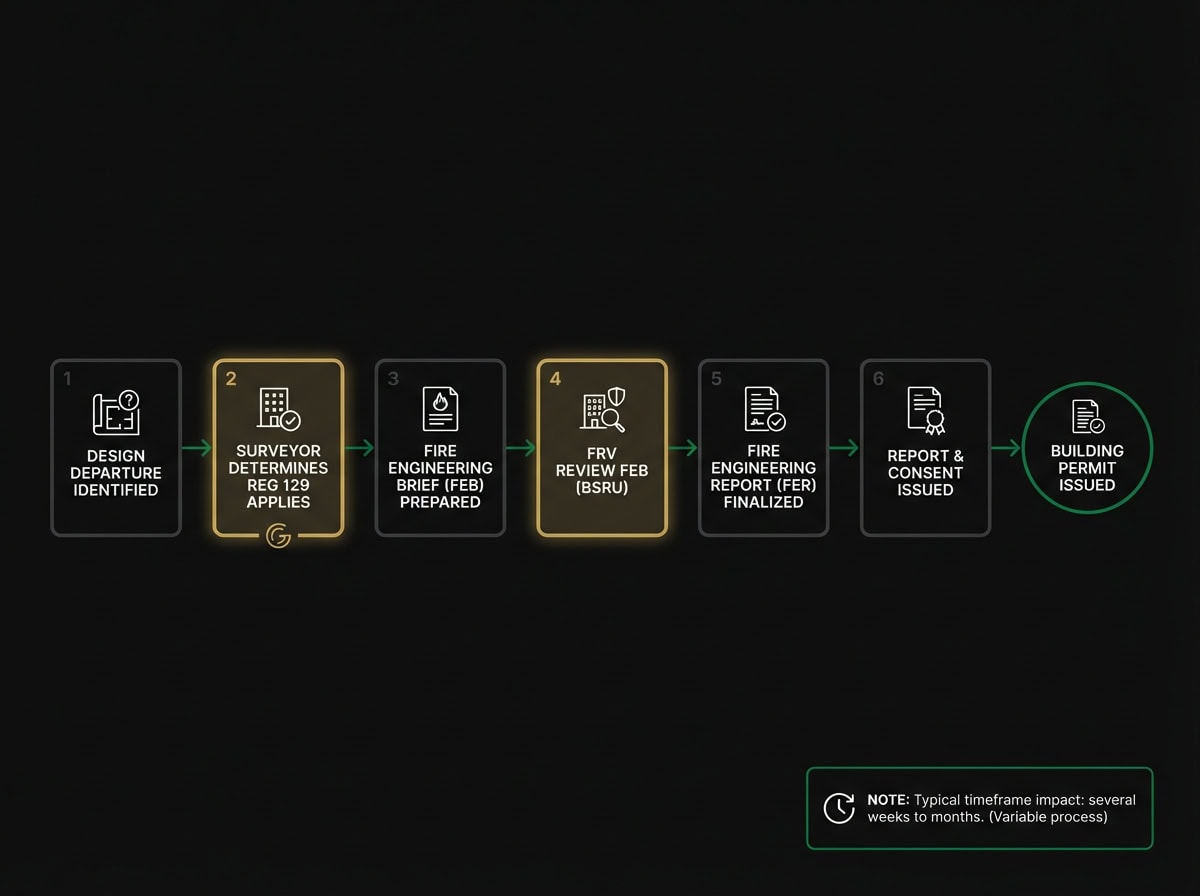 Building Regulation 129 report and consent flowchart for Victorian fire safety performance solutions