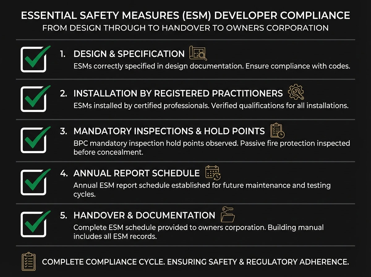 Essential Safety Measures compliance checklist for Victorian Class 2 apartment developers from design to handover