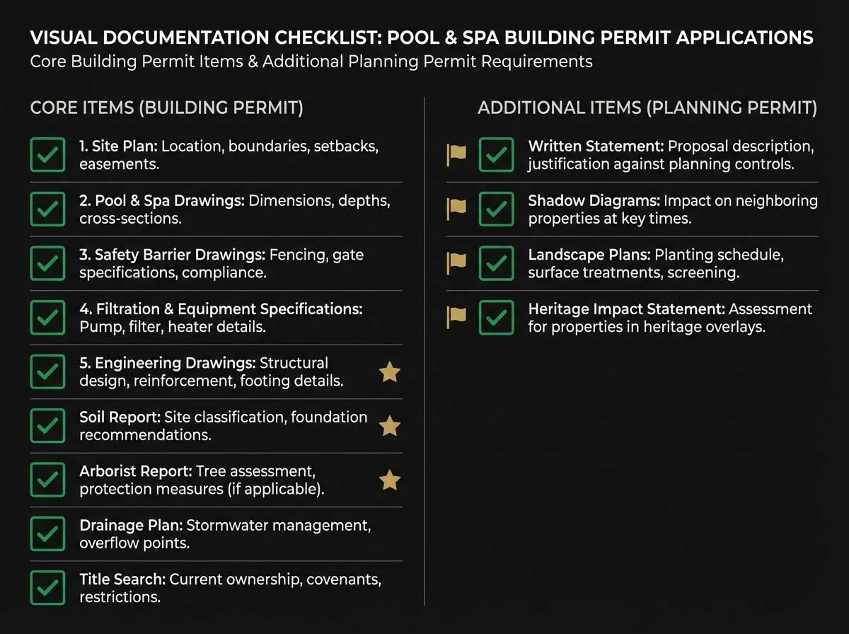 Pool and spa permit application documentation checklist for Melbourne developers showing building permit and planning permit requirements