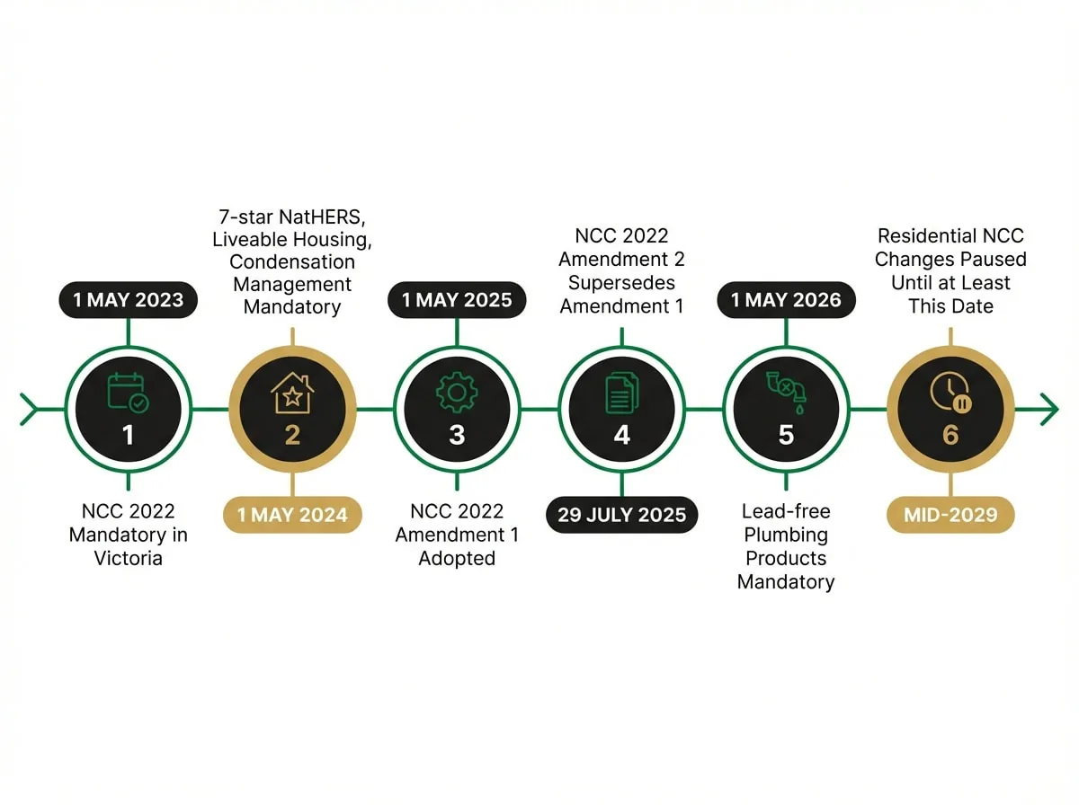 NCC 2022 Victoria compliance timeline showing key mandatory dates from 2023 to 2026 for Melbourne developers