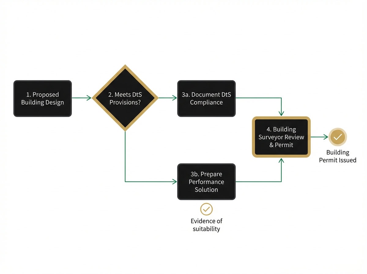 NCC compliance pathway flowchart showing Deemed-to-Satisfy vs Performance Solution routes for Victoria building permits