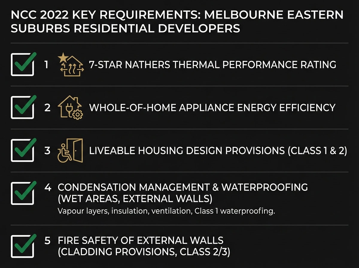 NCC 2022 residential compliance checklist for Melbourne Eastern Suburbs developers covering energy, accessibility and waterproofing