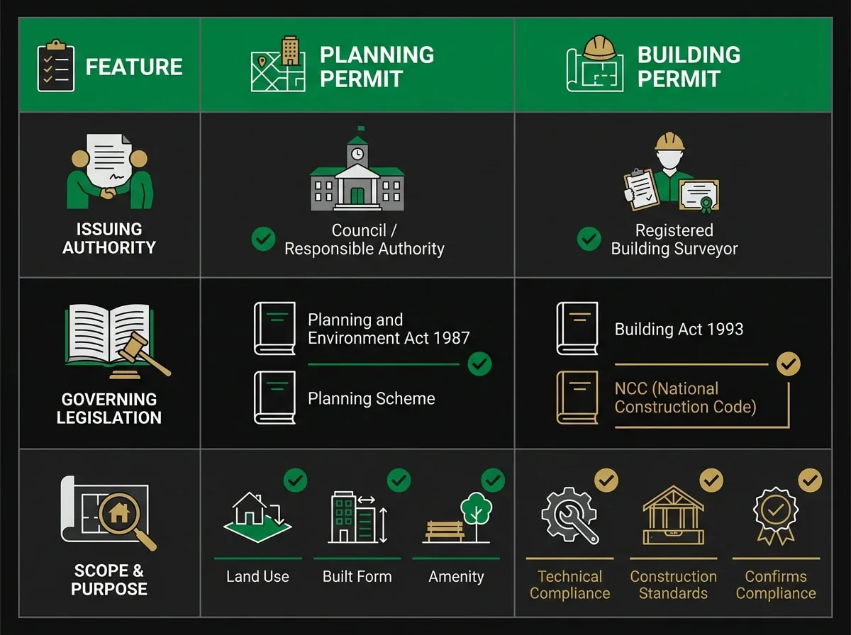 Planning permit vs building permit comparison chart showing issuing authority and NCC relevance for Victorian development projects
