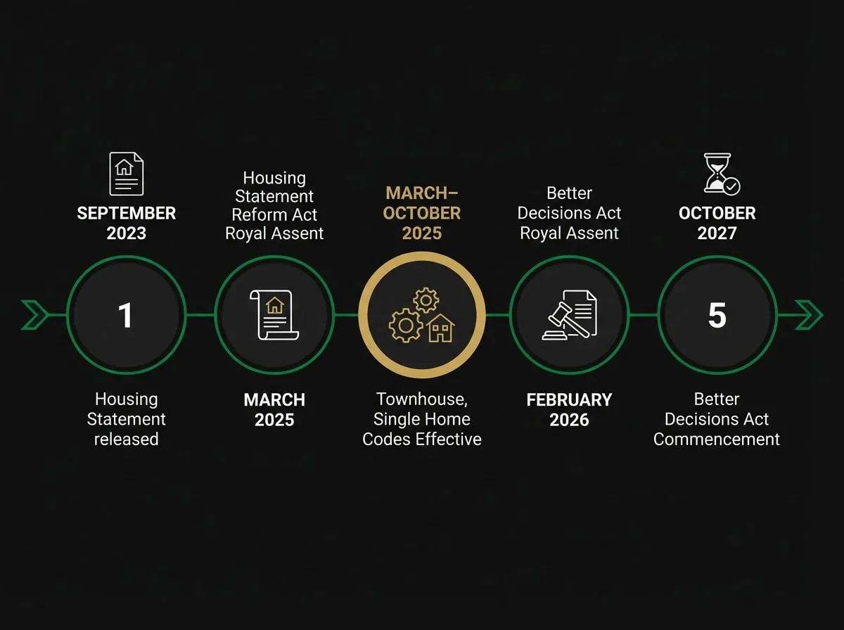 Victorian planning reform timeline 2023 to 2027 showing key legislative milestones and code commencement dates