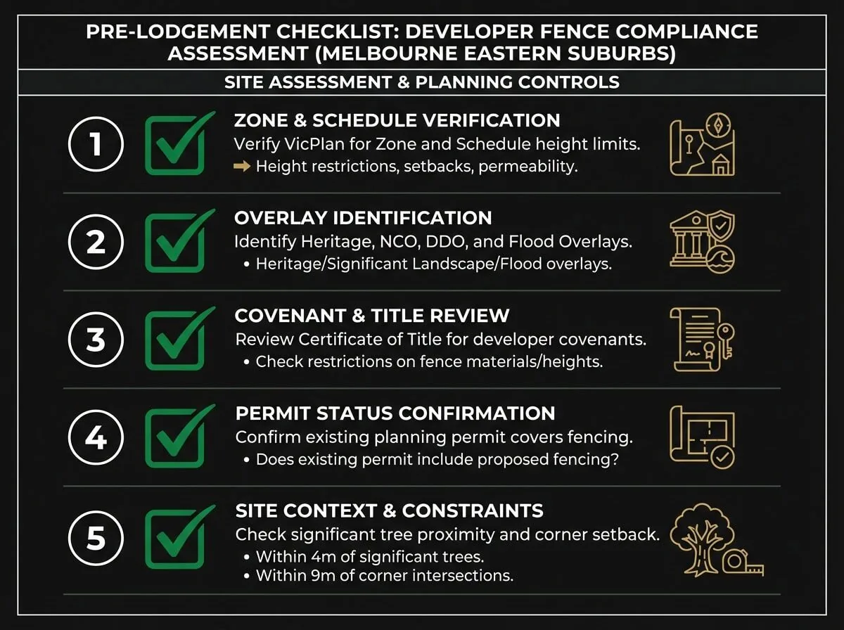 Melbourne fence compliance pre-lodgement checklist for developers covering overlays, covenants, zones and permit triggers