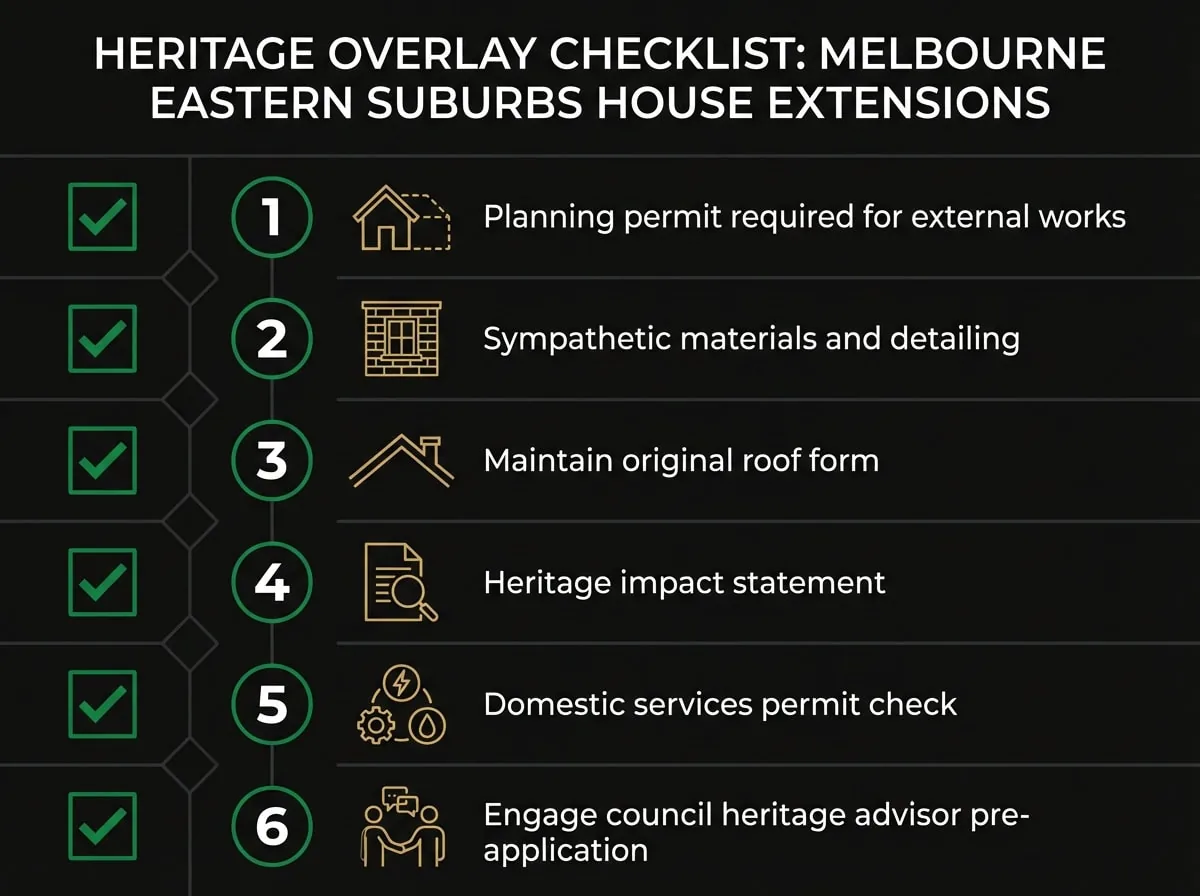 Heritage overlay checklist for Melbourne house extension planning permit applications in Melbourne councils