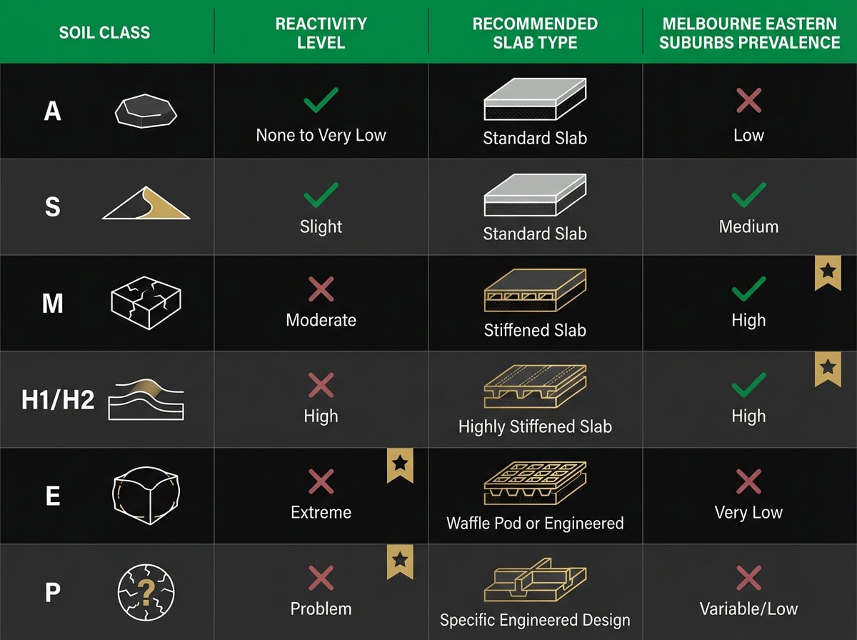 AS 2870 soil classification comparison chart showing slab type requirements for Melbourne Eastern Suburbs developments