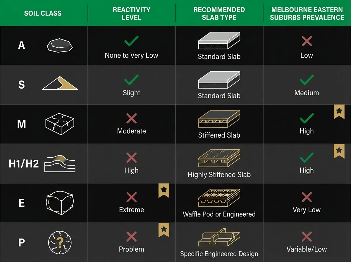 AS 2870 soil classification comparison chart showing slab type requirements for Melbourne developments