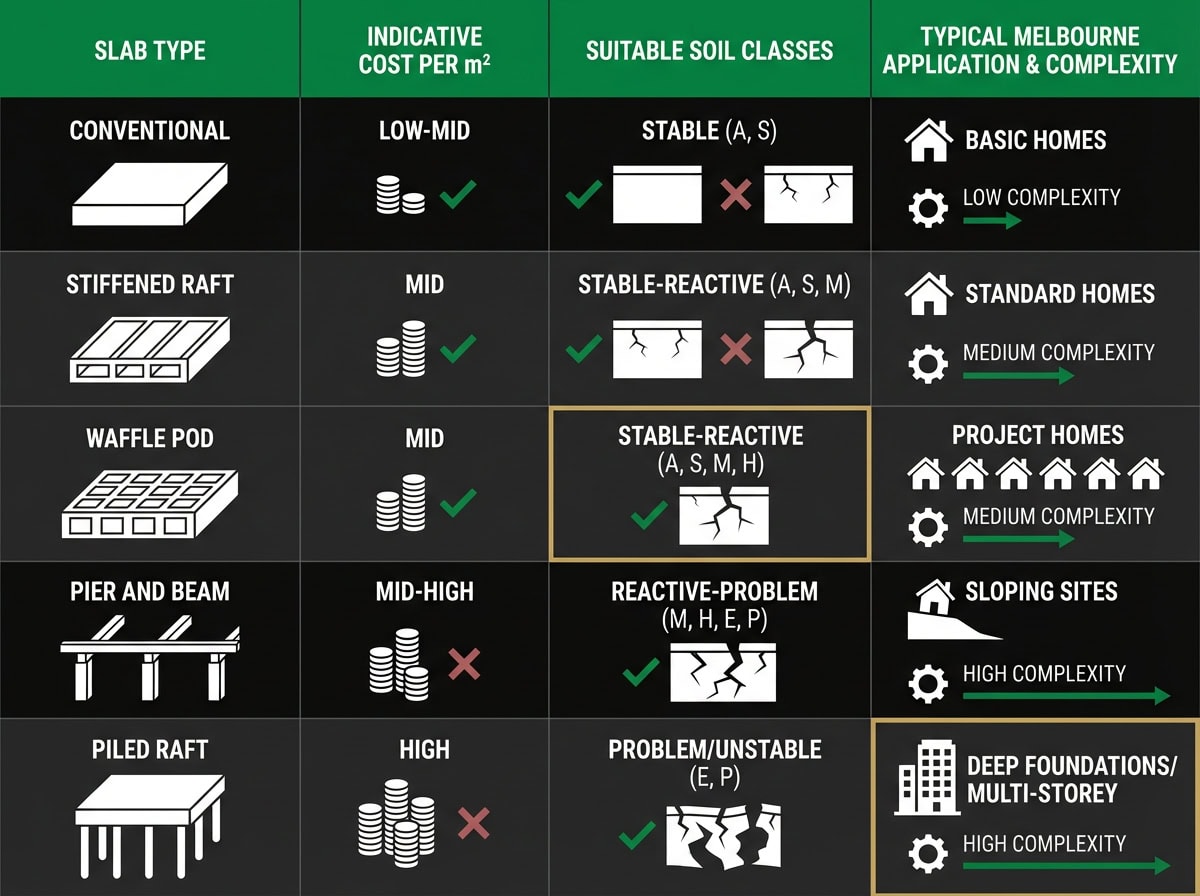 Melbourne residential slab types comparison chart showing cost ranges, soil class suitability and typical developer applications