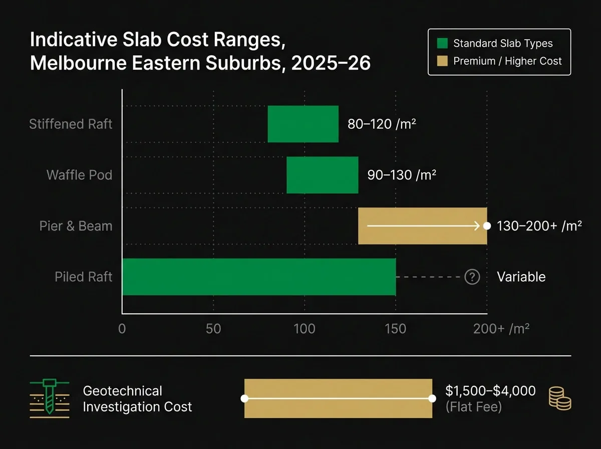 Melbourne house slab cost comparison data visualisation showing indicative 2025-26 price ranges by slab type
