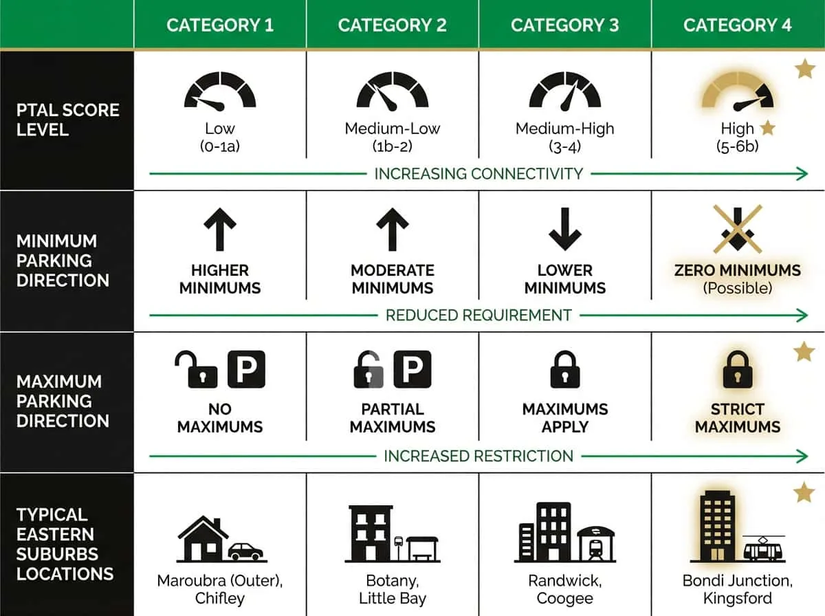 VC277 PTAL car parking category comparison chart showing Melbourne CPR Categories 1 to 4 requirements