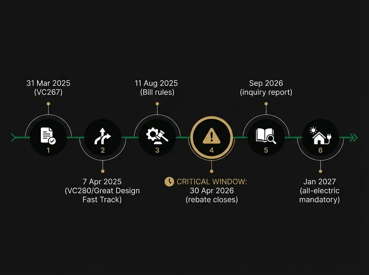 Melbourne apartment solar compliance regulatory timeline 2025 to 2027 showing key amendment and rebate dates