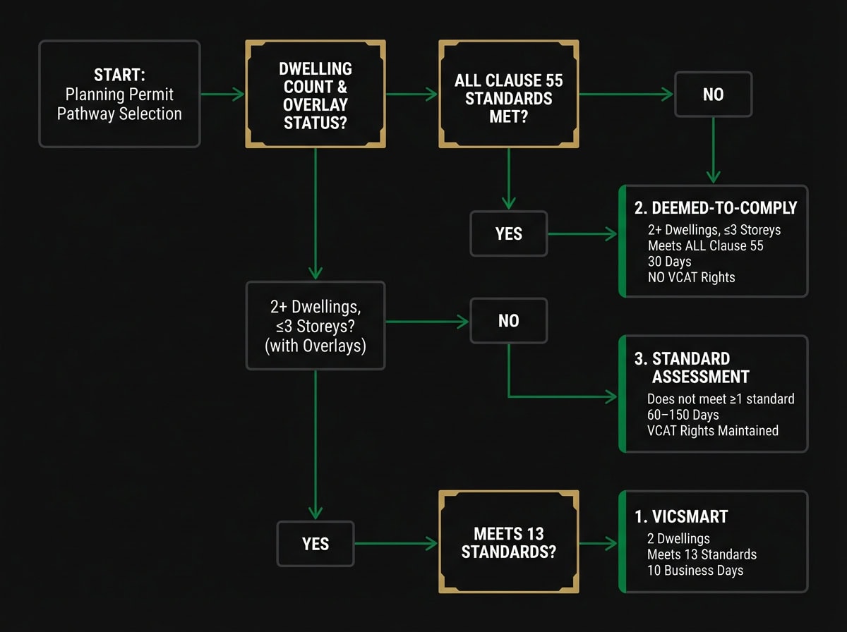 Melbourne townhouse planning permit pathway flowchart showing VicSmart, deemed-to-comply and standard assessment routes
