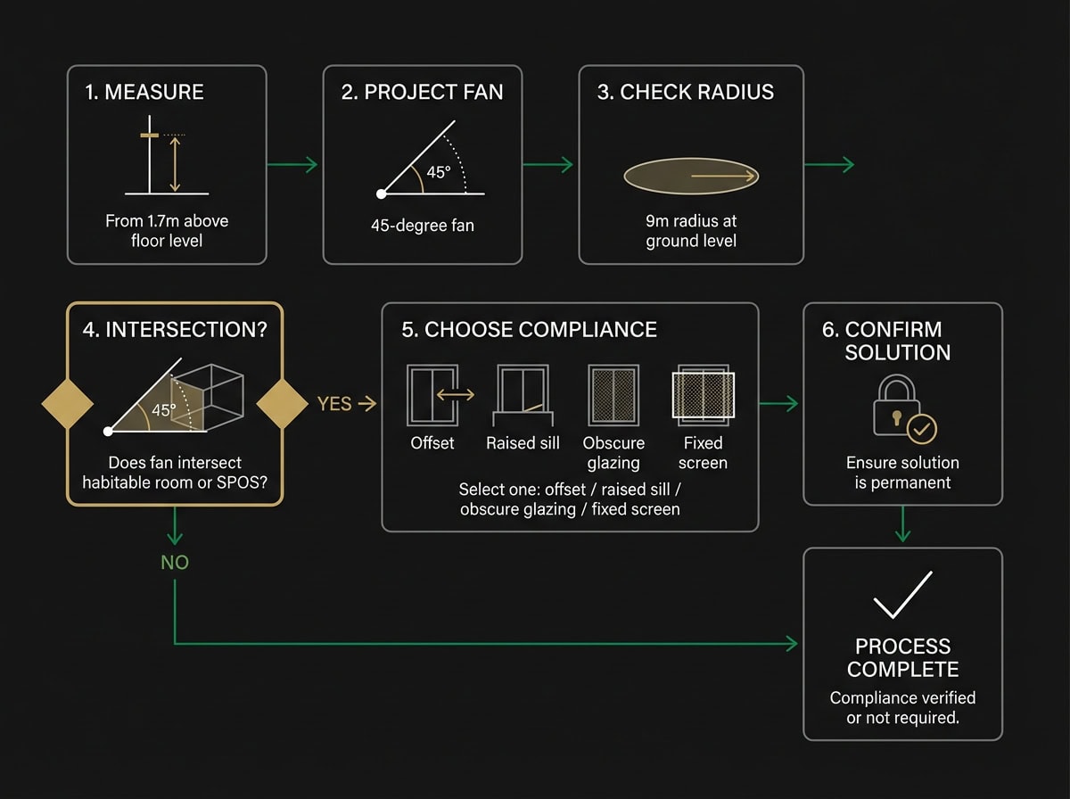 Overlooking direct line of sight compliance flowchart for Victorian residential developments showing 4 compliance methods