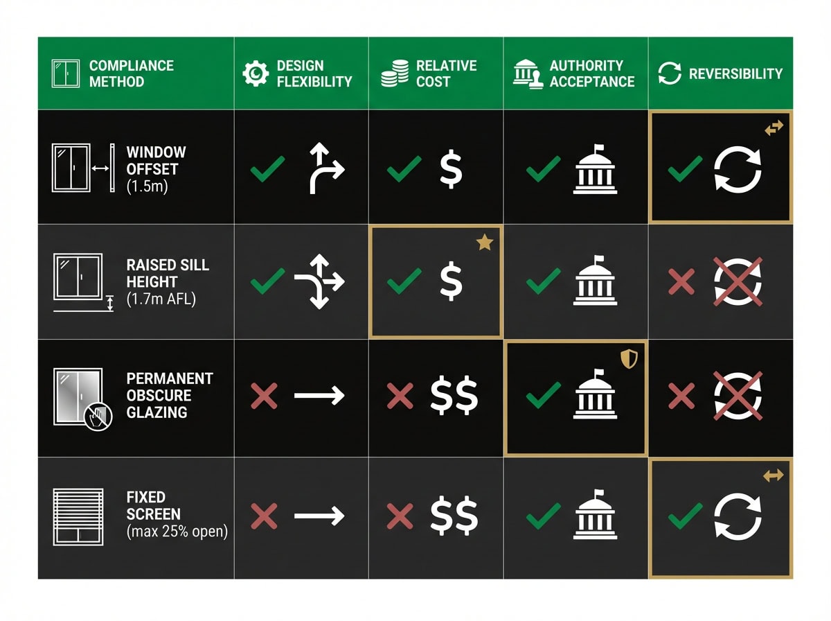 Overlooking compliance methods comparison chart for Melbourne Eastern Suburbs developments showing offset, sill, glazing and screen options