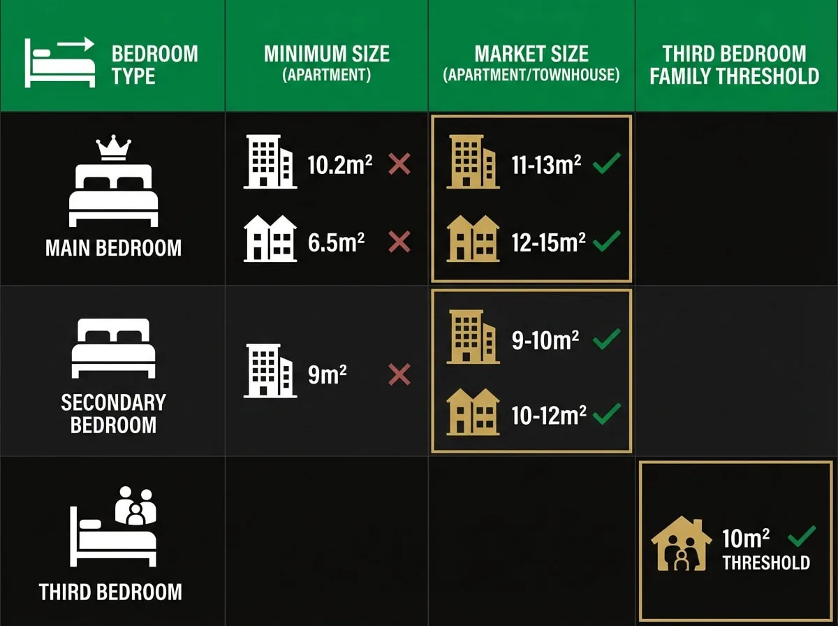 Minimum vs market bedroom size comparison chart for Melbourne apartments and townhouses