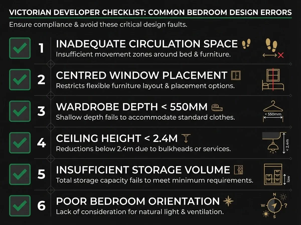 Common bedroom design errors checklist for Victorian planning permit and NCC compliance