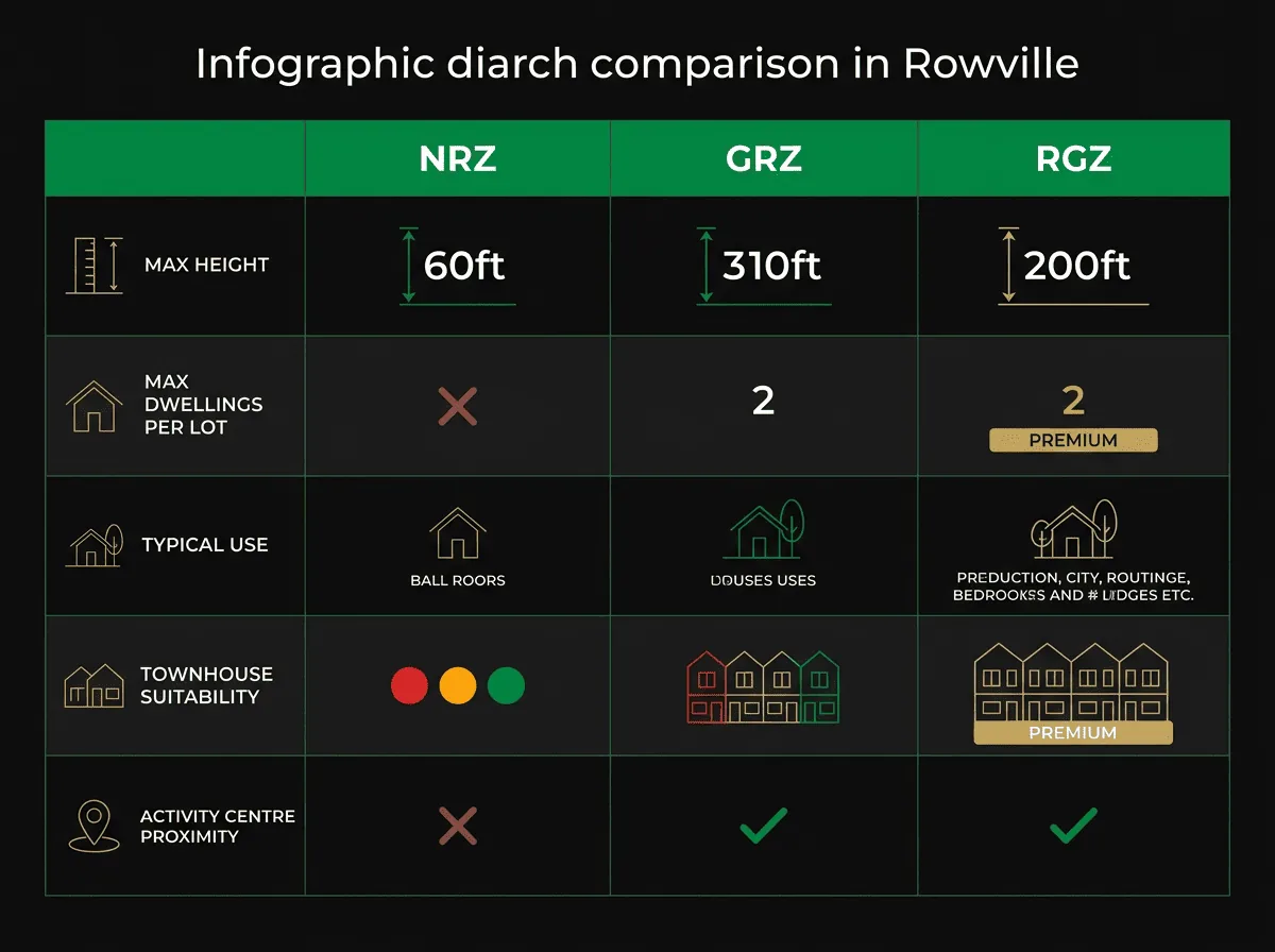Rowville residential zone comparison chart showing NRZ GRZ RGZ height limits and dwelling density for Knox City Council