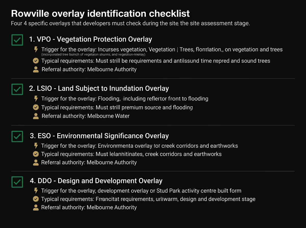 Rowville development overlay checklist showing VPO LSIO ESO DDO requirements for Knox City Council planning permit applications