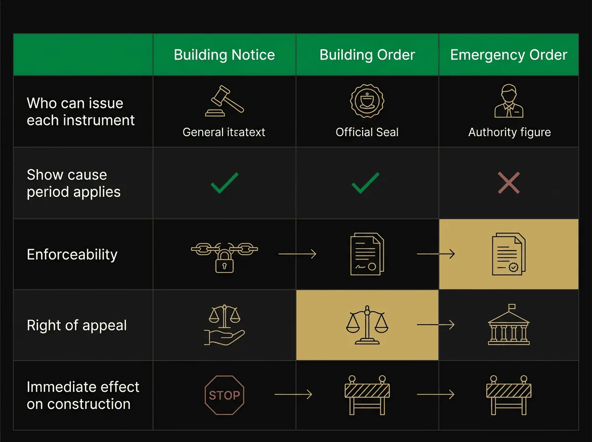 Comparison chart of Victorian building notice, building order and emergency order showing issuer, show cause period and enforceability