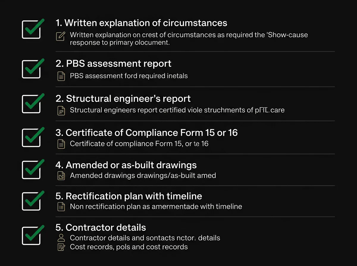 Show cause response document checklist for Victorian building notice compliance submissions