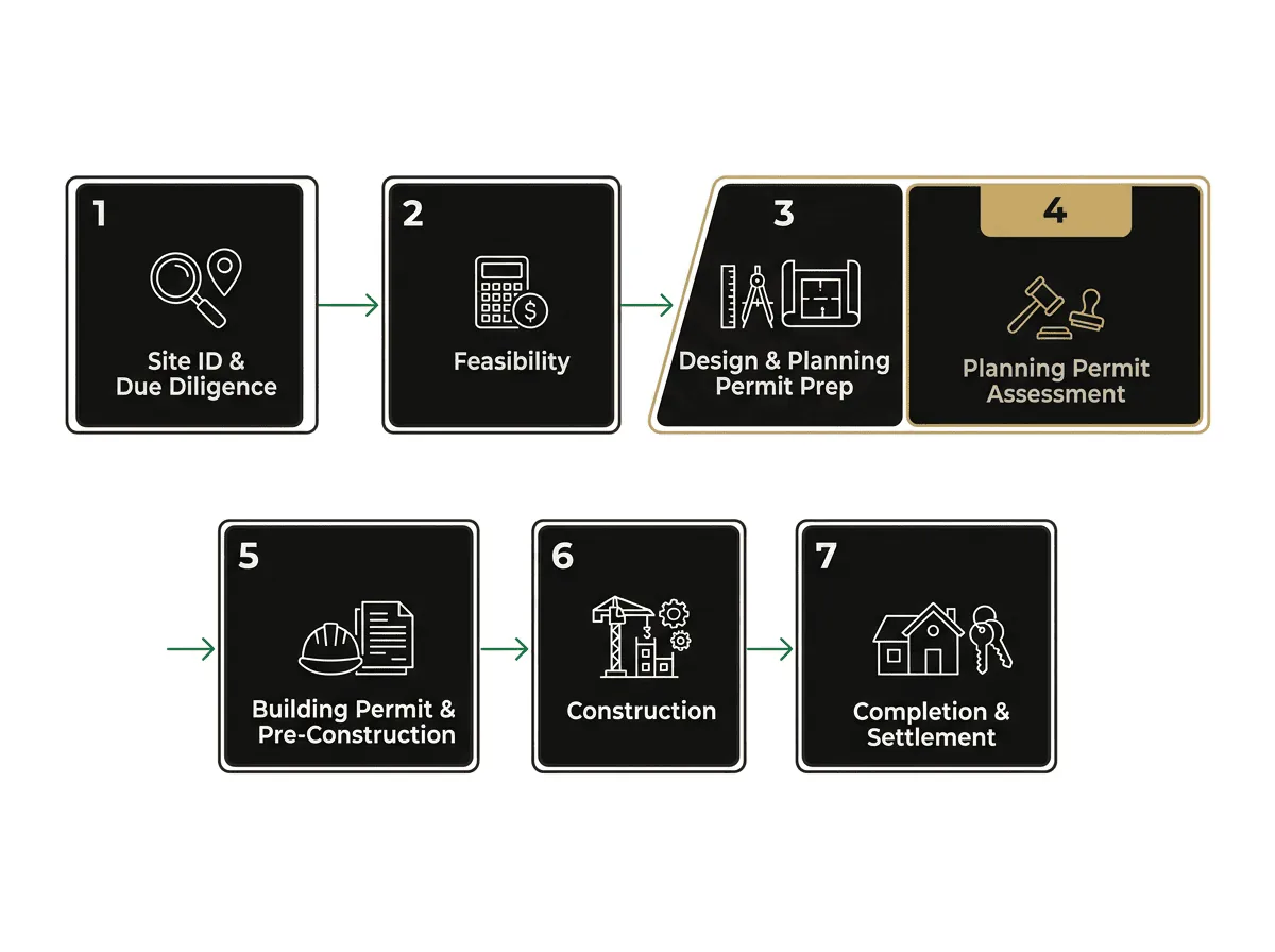 Melbourne property development process flowchart showing 7 steps from site identification to settlement