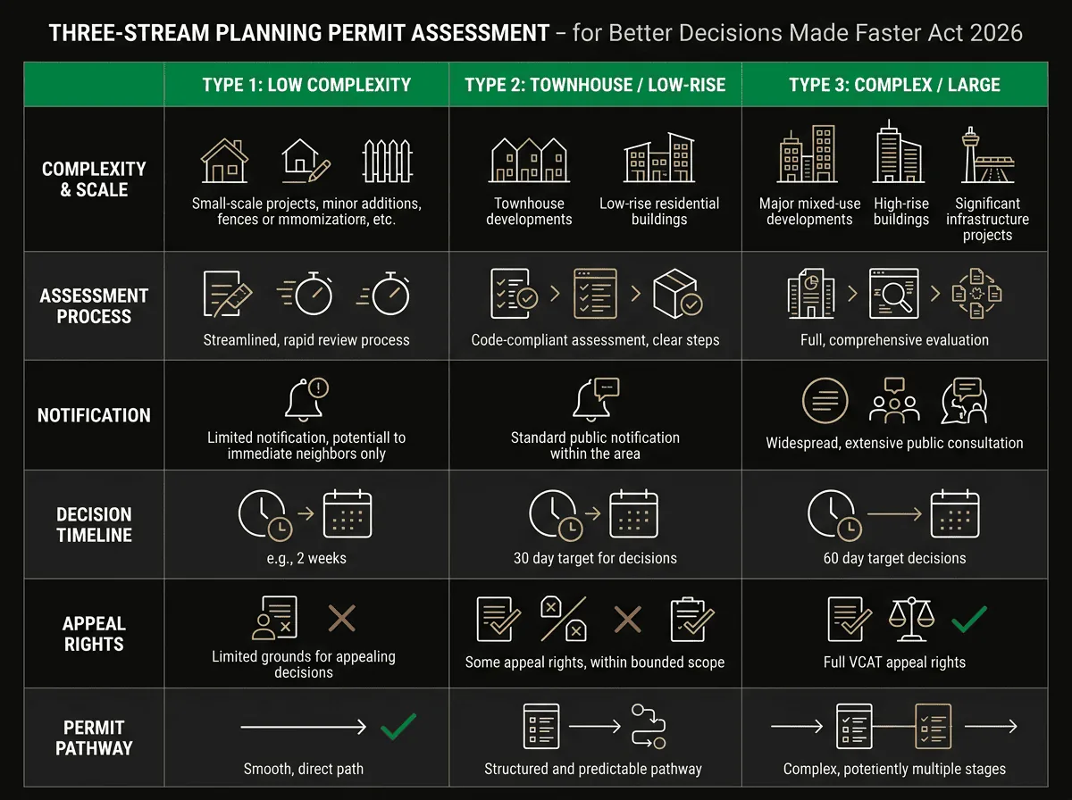 Victoria planning permit three-stream assessment comparison chart showing Type 1, 2 and 3 criteria and timeframes