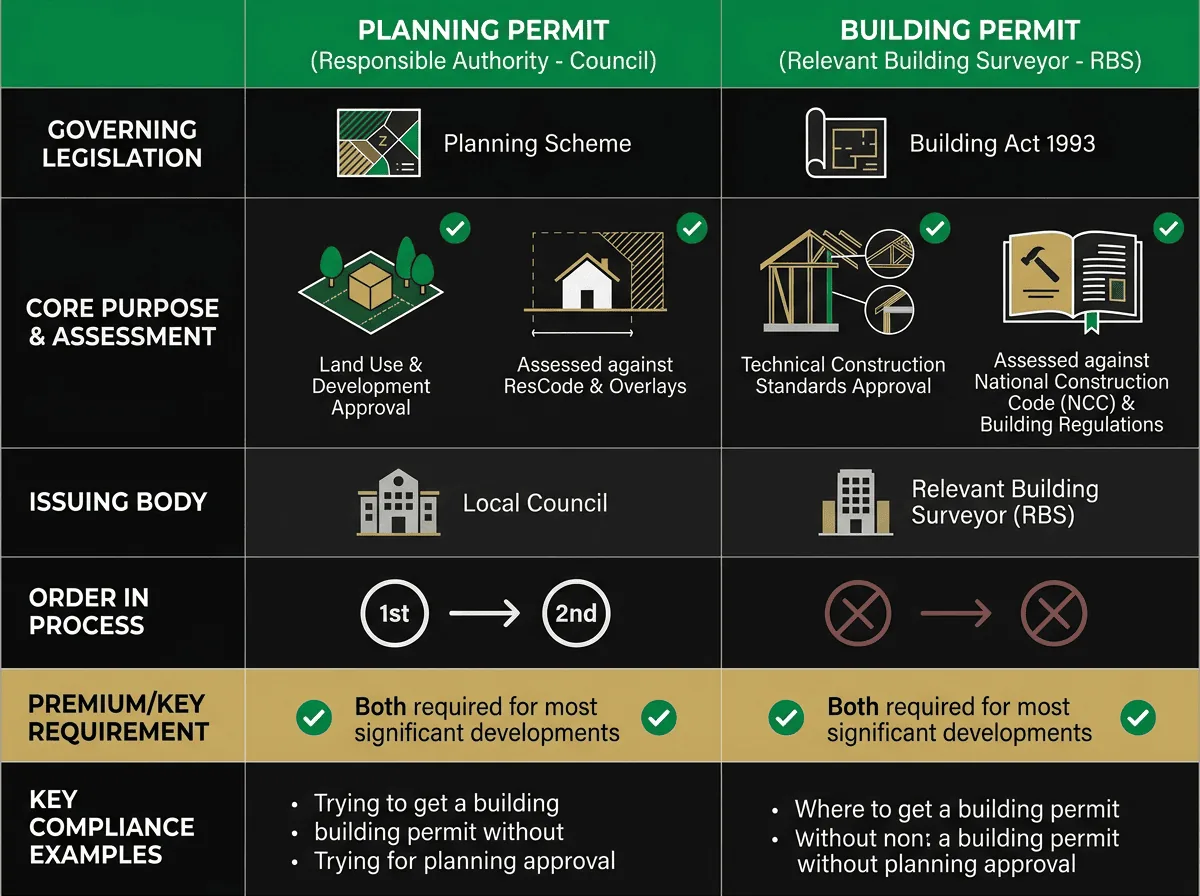 Planning permit vs building permit comparison chart showing key differences for Victorian property developers